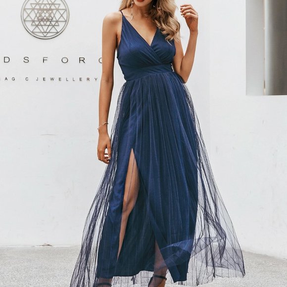 SHEIN Dresses & Skirts - SHEIN Simplee Crisscross Back Split Mesh Overlay Maxi Dress Navy Blue Size Small
